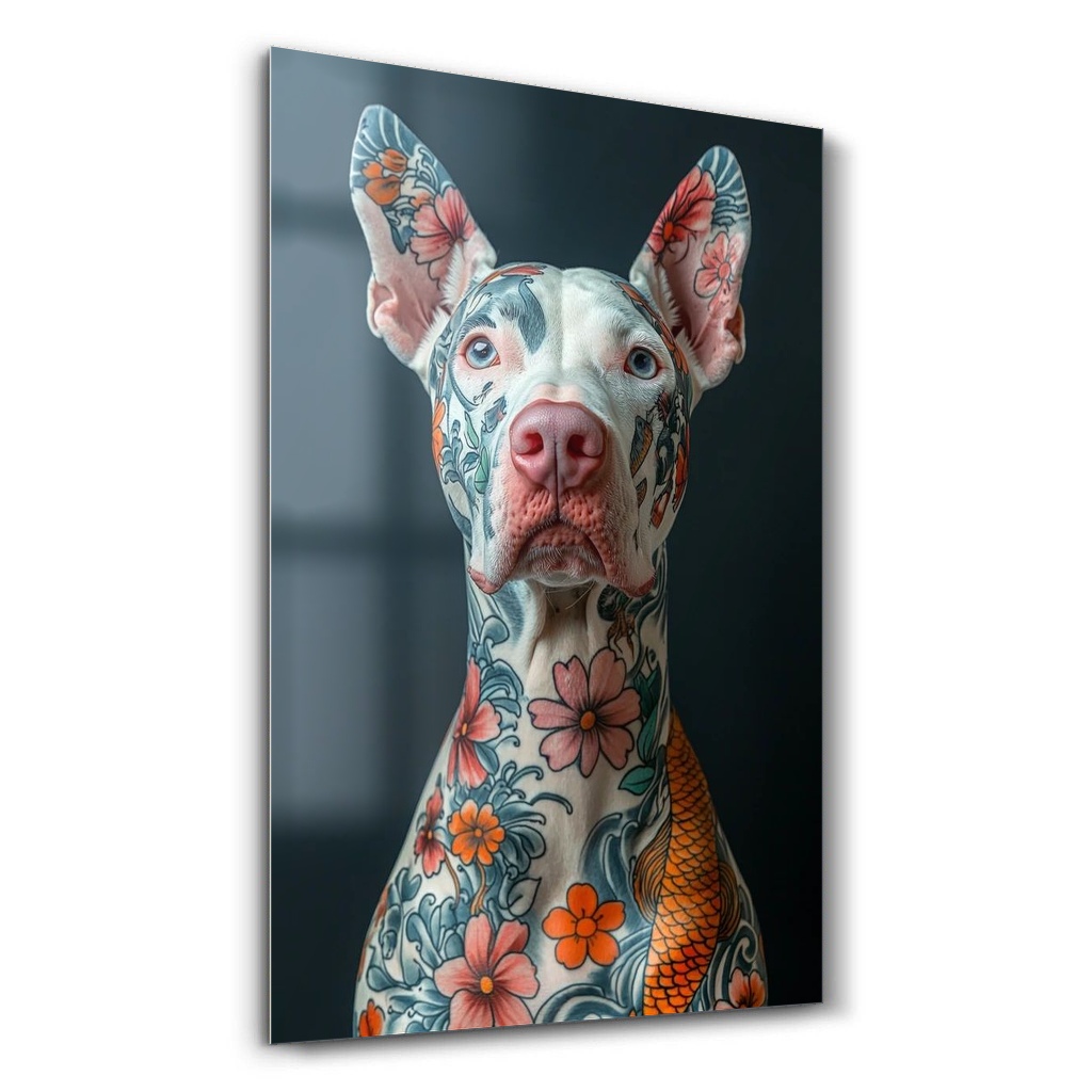 Çiçek Dövmeli Köpek Cam Tablo Çiçek Dövmeli Köpek hayvan temalı dikey cam tablo