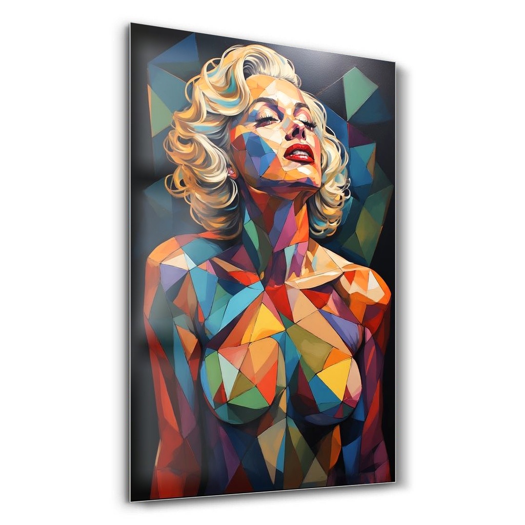 Geometrik Sarışın Pop Art Cam Tablo – Ana Görsel Geometrik Sarışın Pop Art soyut dikey cam tablo ana ürün görseli