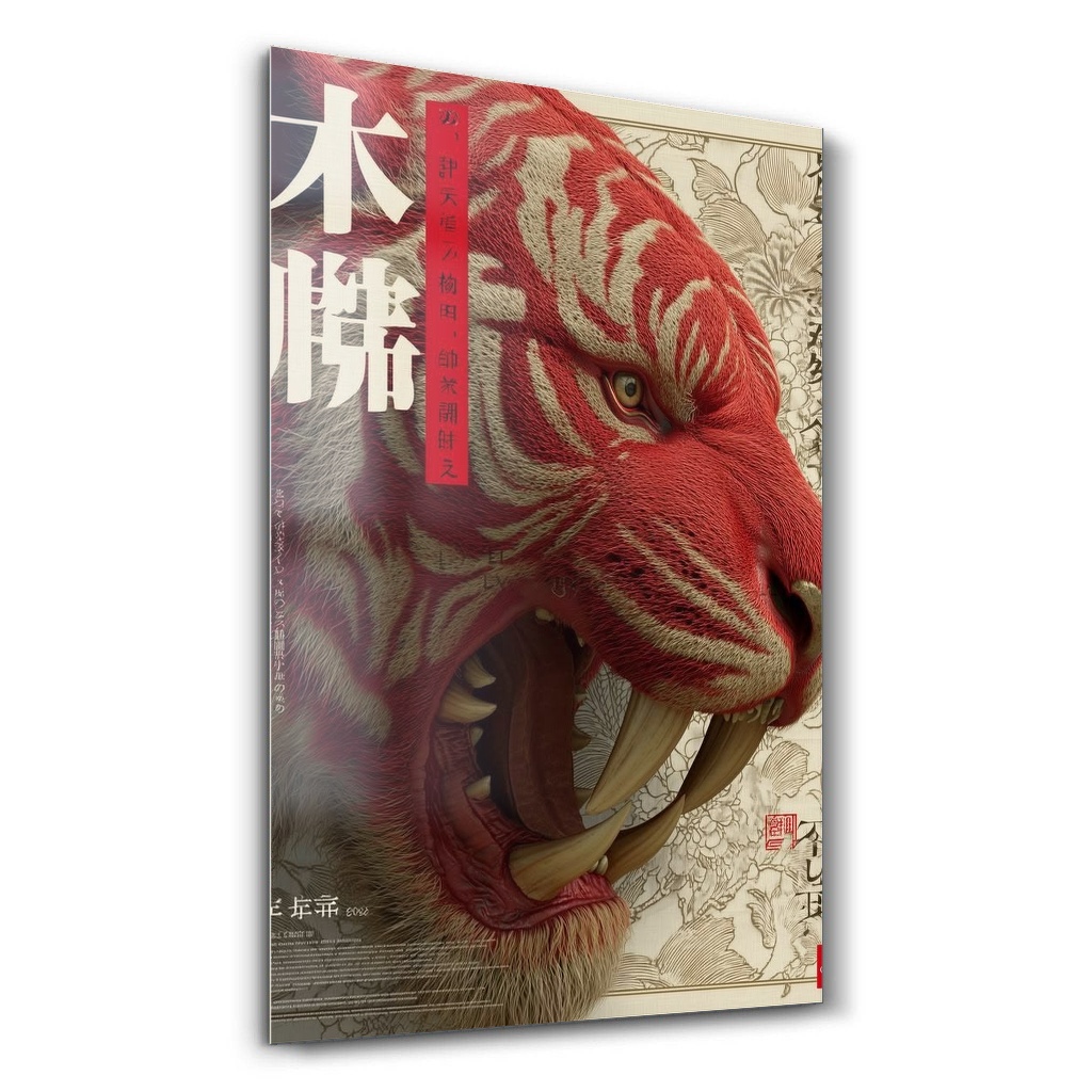 Japon Motifli Kırmızı Kaplan Cam Tablo Japon Motifli Kırmızı Kaplan hayvan temalı dikey cam tablo
