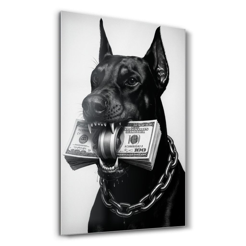 Para Tutan Siyah Doberman Cam Tablo – Ana Görsel Para Tutan Siyah Doberman soyut dikey cam tablo ana ürün görseli