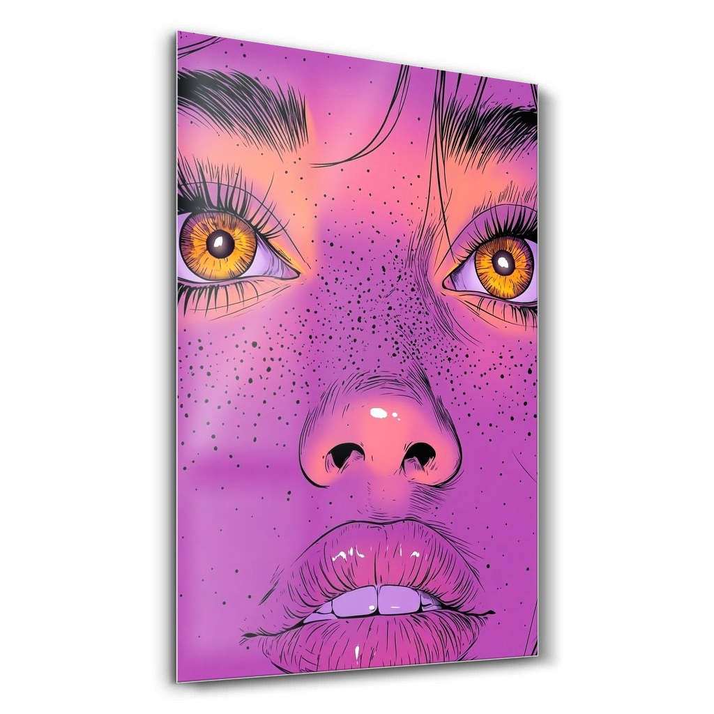 Pembe Pop Art Kadın Yüzü Cam Tablo – Ana Görsel Pembe Pop Art Kadın Yüzü modern temalı dikey cam tablo ana ürün görseli