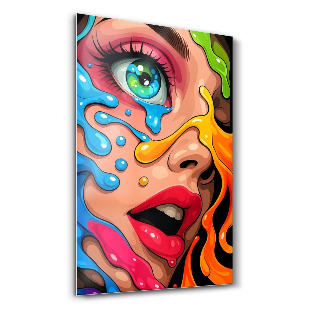 Renkli Pop Art Ağlayan Kadın Cam Tablo – Ana Görsel Renkli Pop Art Ağlayan Kadın modern temalı dikey cam tablo ana ürün görseli