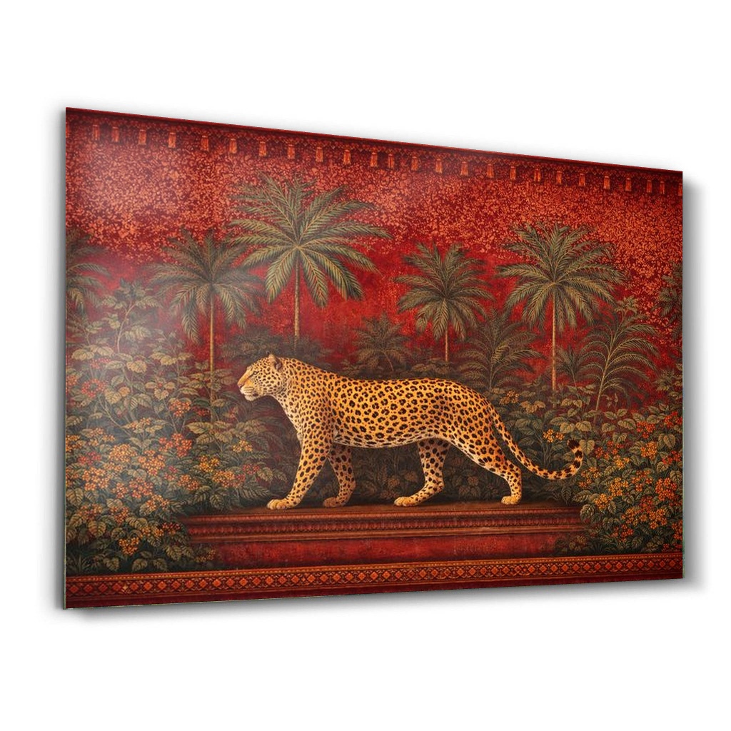 kirmizi-oryantal-desenli-leopar-cam-tablo Kırmızı Oryantal Desenli Leopar yatay cam tablo ürün görünümü