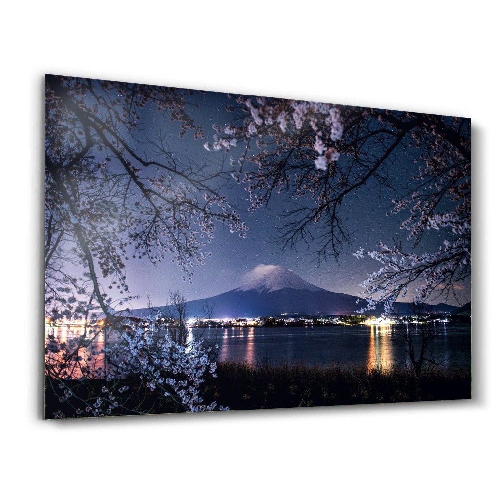 sakura-dallari-ardinda-fuji-dagi-cam-tablo Sakura Dalları Ardında Fuji Dağı yatay cam tablo ürün görünümü